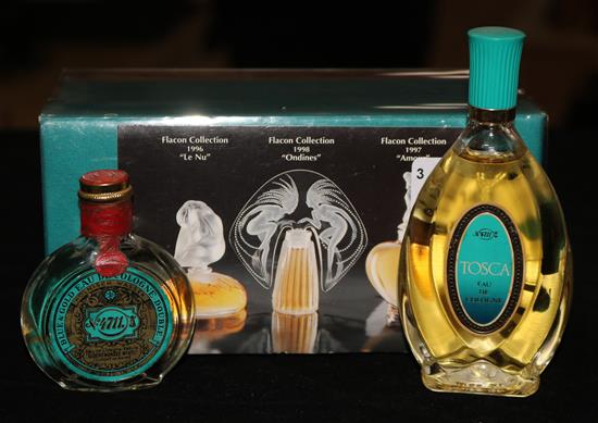 A Lalique Ultimate Collection set of three Flacon perfume bottles (boxed) and two eau de cologne bottles